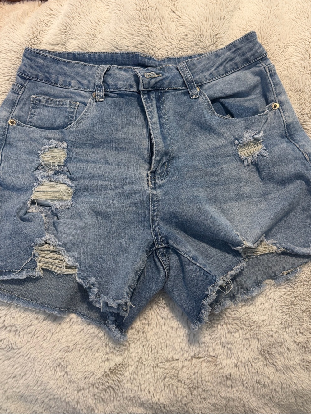 Light Blue Distressed Denim Shorts - Women's